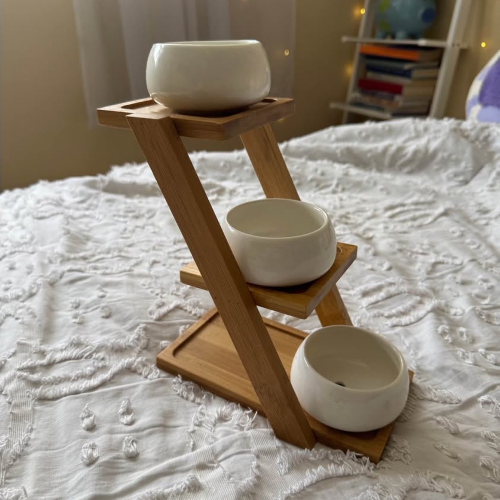 Bamboo Stand with White Ceramic Bowls